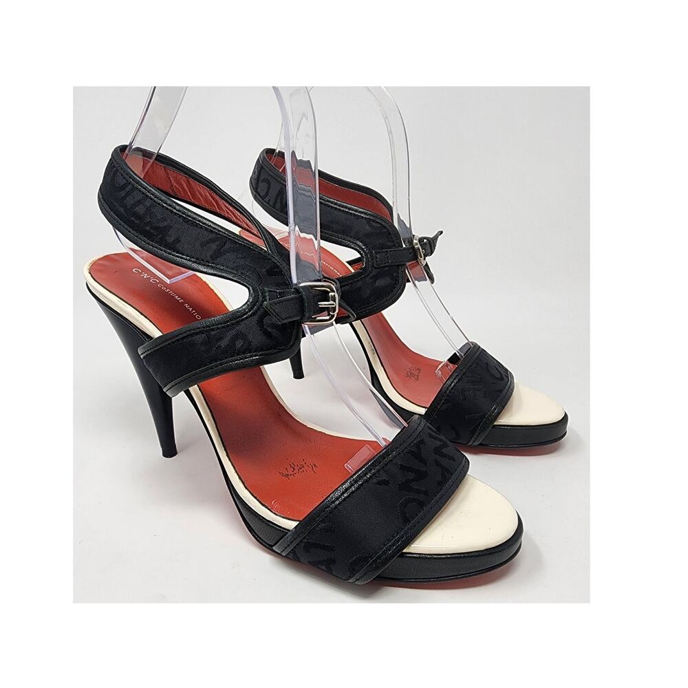 CNC Costume National Heeled Sandals Women 8.5 Logo Black Stiletto Ankle Strap